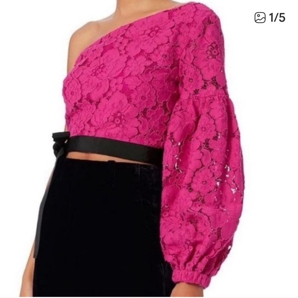 Alexis Pink Lace Floral One Shoulder Puff Sleeve Crop Top XS